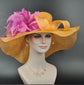 Orange w Hot pink Feather Flower Kentucky Derby Hat, Church Hat, Wedding Hat, Easter Hat, Tea Party Hat Wide Brim  Sinamay  Hat