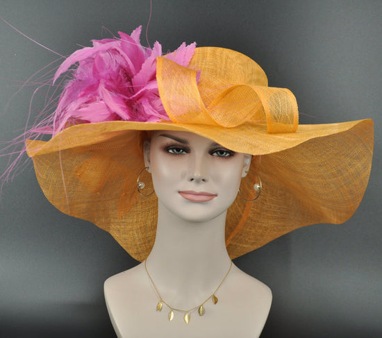 Orange Sinamay Derby Hat, Hot Pink Feather Flower, Wide Brim