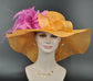 Orange w Hot pink Feather Flower Kentucky Derby Hat, Church Hat, Wedding Hat, Easter Hat, Tea Party Hat Wide Brim  Sinamay  Hat
