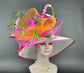 Wide Brim Kentucky Derby Hat: Fuchsia, Orange, Peacock Feather Flower