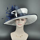 White w Navy Blue Feather Flower  Kentucky Derby Hat Tea Party Carriage Party