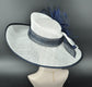 White w Navy Blue Feather Flower  Kentucky Derby Hat Tea Party Carriage Party