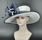 White w Navy Blue Feather Flower  Kentucky Derby Hat Tea Party Carriage Party