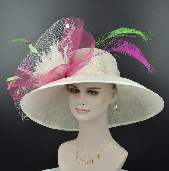 Wide Brim Kentucky Derby Hat, Ascot Hat for Wedding & Tea Party, Garden Party Hat,Mother of the Bride, Church Ivory/Off White Hot Pink Green