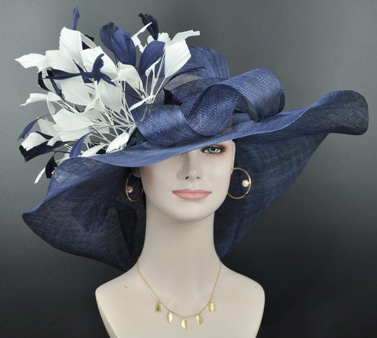 Navy Blue White Feather Flower  Wide Brim Sinamay hat, Kentucky derby Hat, Wedding Guest Hat, Tea Party Hat, Ascot Royal Style Hat,Oaks Day