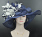 Navy Blue White Feather Flower  Wide Brim Sinamay hat, Kentucky derby Hat, Wedding Guest Hat, Tea Party Hat, Ascot Royal Style Hat,Oaks Day
