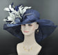 Navy Blue White Feather Flower  Wide Brim Sinamay hat, Kentucky derby Hat, Wedding Guest Hat, Tea Party Hat, Ascot Royal Style Hat,Oaks Day