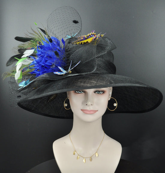 Black Sinamay Derby Hat: Wide Brim, Royal Blue Flowers