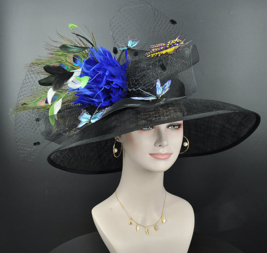 Black Sinamay Kentucky Derby Hat: Wide Brim, Royal Blue Flowers