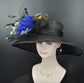 Black Sinamay Kentucky Derby Hat: Wide Brim, Royal Blue Flowers