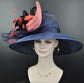 Navy Sinamay Kentucky Derby Hat: Coral Feather Flowers, Wide Brim