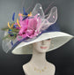Kentucky Derby Sinamay Hat: Ivory Wide Brim with Feather Flower