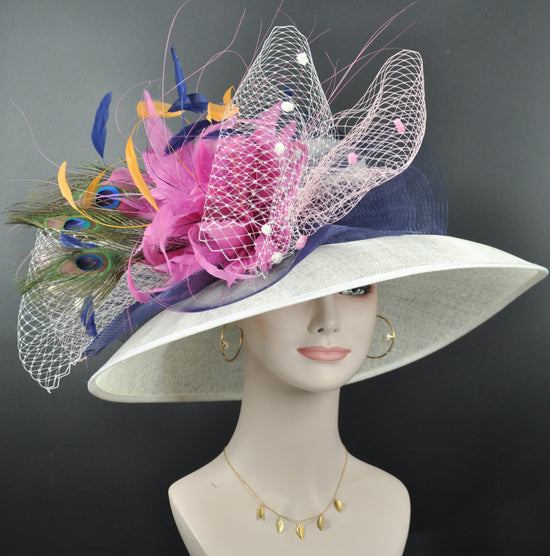 Ivory with Feather Flower Wide Brim Kentucky Derby Hat,Ascot Hat for Wedding & Tea Party, Garden Party Hat, Mother of the Bride, Church