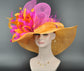 Wide Brim Sinamay Kentucky Derby Hat: Orange, Hot Pink Bow & Feathers