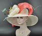 Wide Brim Sinamay Derby Hat: Ivory, Coral Silk Abaca Bows