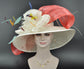 Wide Brim Sinamay Derby Hat: Ivory, Coral Silk Abaca Bows