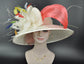 Wide Brim Sinamay Derby Hat: Ivory, Coral Silk Abaca Bows