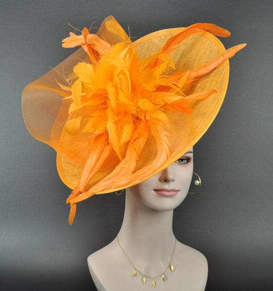 Orange  Sinamay Disc Fascinator Hat with  Jumbo   Feather Flowers
