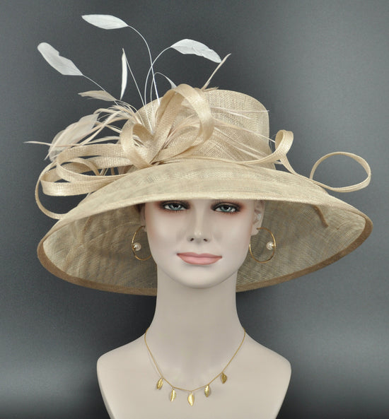 Sinamay Derby Hat: Champagne Feather Ascot Hat