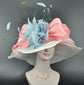Sinamay Kentucky Derby Hat: White Wide Brim, Pink Bows & Feather Flower
