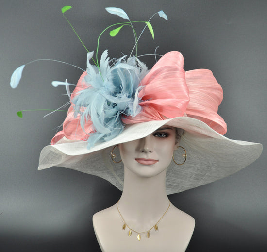 Sinamay Derby Hat: White Wide Brim, Pink Bows & Feather Flower