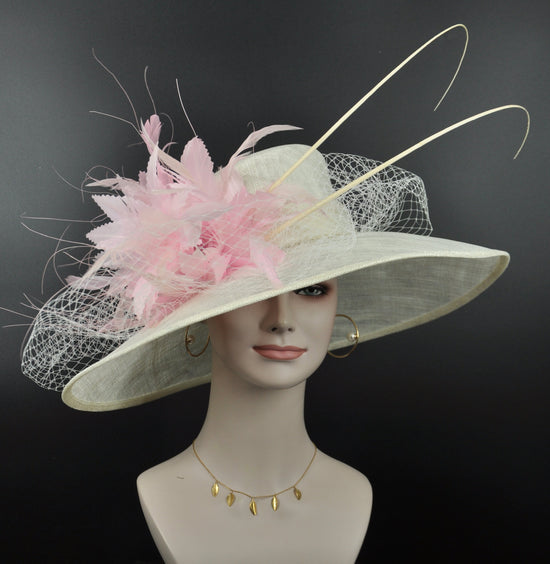 Wide Brim Sinamay Derby Hat: Ivory with Baby Pink Feathers