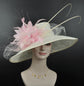 Wide Brim Sinamay Derby Hat: Ivory with Baby Pink Feathers