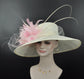 Wide Brim Sinamay Derby Hat: Ivory with Baby Pink Feathers