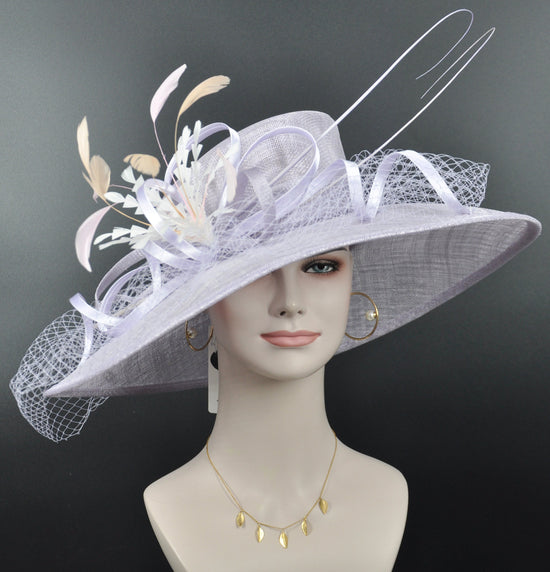 Lilac Wide Brim Sinamay Hat: Feather Flower Kentucky Derby Church Hat