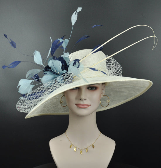 Wide Brim Sinamay Derby Hat: Feather Flower, Ostrich Quills