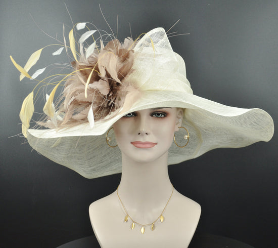 Wide Brim Sinamay Derby Hat: Ivory, Taupe, and Gold Feather Flowers
