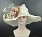Wide Brim Sinamay Derby Hat: Ivory, Taupe, and Gold Feather Flowers