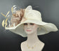 Wide Brim Sinamay Derby Hat: Ivory, Taupe, and Gold Feather Flowers