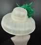 Sinamay Dome Hat: Ivory Wide Brim Kentucky Derby Hat with Green Feathers