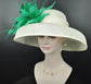Sinamay Dome Hat: Ivory Wide Brim Kentucky Derby Hat with Green Feathers