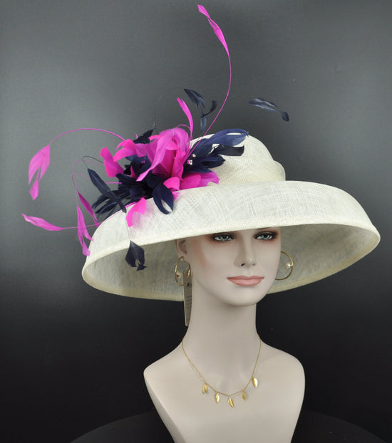 Sinamay Dome Hat: Ivory Wide Brim Kentucky Derby Hat with Feather Flower