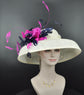 Sinamay Dome Hat: Ivory Wide Brim Kentucky Derby Hat with Feather Flower