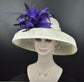 Sinamay Dome Hat: Ivory Wide Brim Kentucky Derby Hat with Purple Feathers