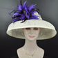 Sinamay Dome Hat: Ivory Wide Brim Kentucky Derby Hat with Purple Feathers