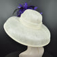 Sinamay Dome Hat: Ivory Wide Brim Kentucky Derby Hat with Purple Feathers