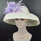 Audrey Hepburn Style Sinamay Dome Hat: Ivory & Lavender Feather Kentucky Derby