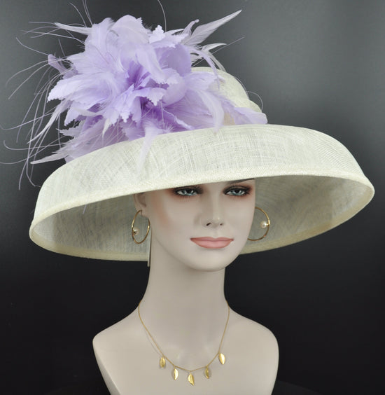Audrey Hepburn Style Sinamay Dome Hat: Ivory & Lavender Feather Kentucky Derby