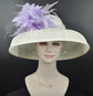 Audrey Hepburn Style Sinamay Dome Hat: Ivory & Lavender Feather Kentucky Derby