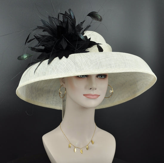Sinamay Dome Hat: Ivory Wide Brim Kentucky Derby Feather Hat
