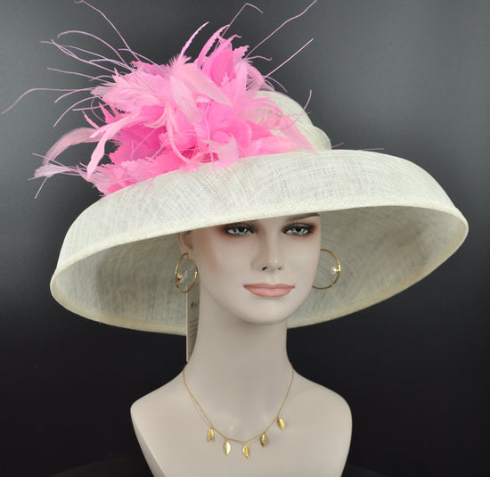 Wide Brim Sinamay Kentucky Derby Hat: Ivory & Pink Feather Dome