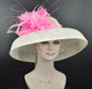 Wide Brim Sinamay Kentucky Derby Hat: Ivory & Pink Feather Dome