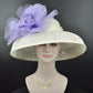 Wide Brim Sinamay Derby Hat: Ivory, Lavender Silk Flower