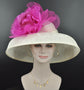 Wide Brim Sinamay Derby Hat: Ivory & Fuchsia Silk Flower