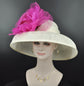 Wide Brim Sinamay Derby Hat: Ivory & Fuchsia Silk Flower