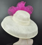 Wide Brim Sinamay Derby Hat: Ivory & Fuchsia Silk Flower